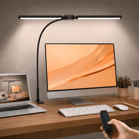 Efoee LED Desk Lamp for Office Home, Double Head Computer Monitor Table Light with 3 Lighting Modes,Eye Caring Architect Lamp with Clamp Flexible Gooseneck,Adjustable Work Study Accessories