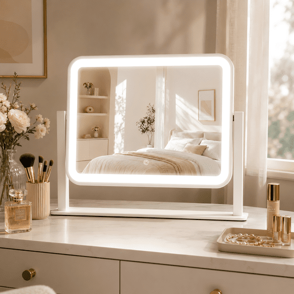 Efoee LED Vanity Mirror with Lights,3600-6800K Lighted Makeup Mirror with Iron Frame, USB Charging Port, Dimmable 3 Color Modes, Memory Function, for Bedroom Desk Tabletop Wall Mount