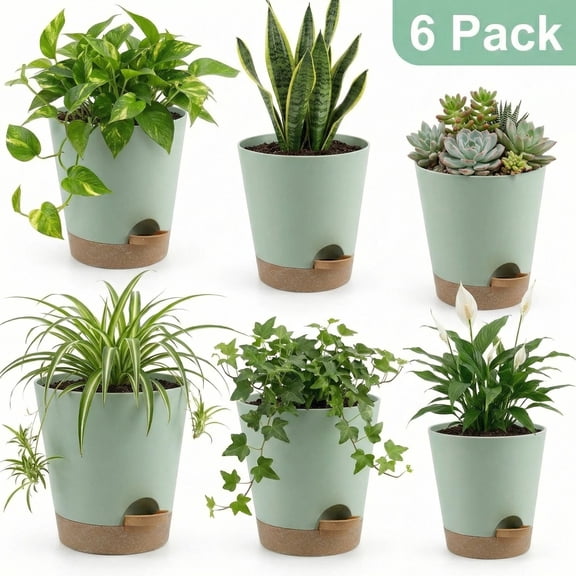 Efoee Plant Pots 8/7/6.5/6/5.5/5Inch Self Watering Planters with Drainage Hole, Plastic Flower Pots, Nursery Planting Pot for All House Plants, African Violet, Flowers, and Cactus,Green