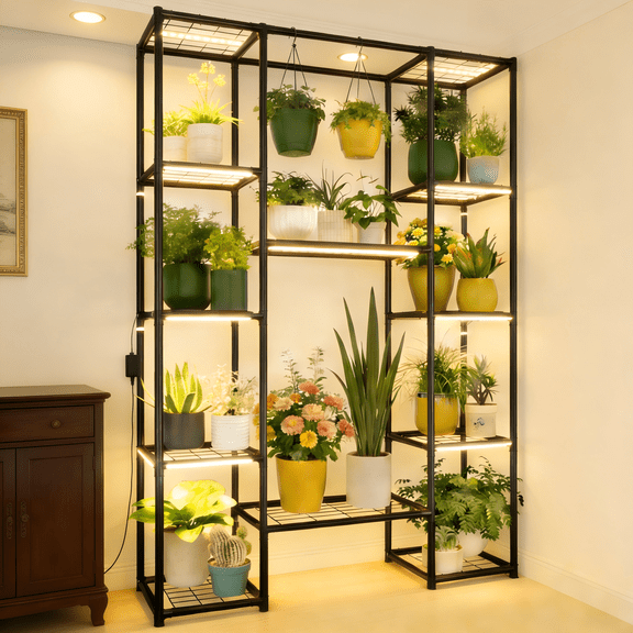 Efoee Plant Stand with Grow Lights,Indoor Outdoor Plant Shelf,Flower Stand,Large Flower Holder for Living Room, Patio, Balcony, Garden, Black