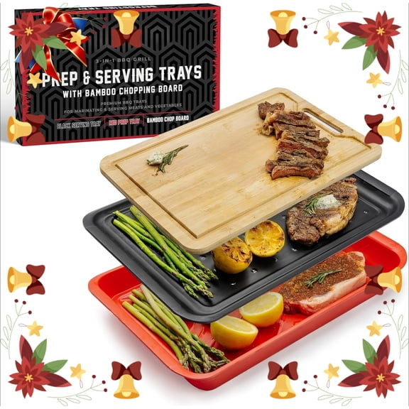 Efoee Premium Set of 3 Cutting Boards for BBQ,Kitchen - Bamboo Cutting Board & Serving Platter for Plating Food & BBQ Prep Tub