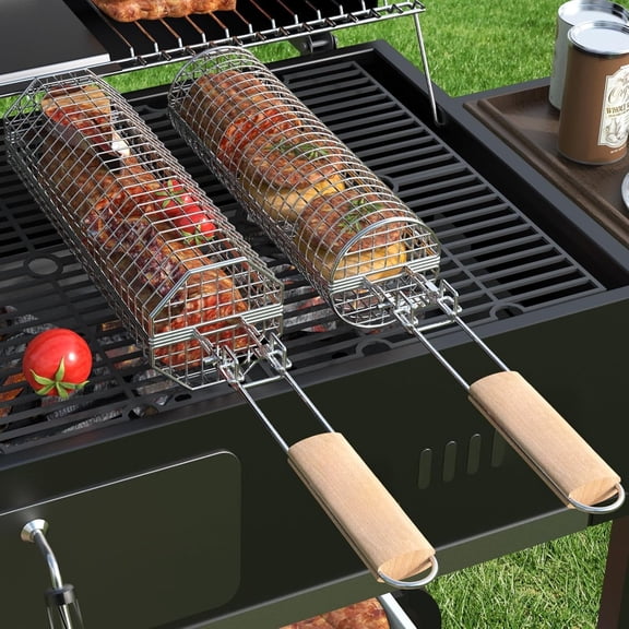 Efoee Rolling Grill Basket, 2PCS Grill Baskets for Outdoor Grill, REMOVABLE HANDLE, Anti-Scorch Stainless Steel BBQ Net Tube for Meat, Shrimp, Vegetables, BBQ Gifts for Dad, Husband (Octagon+Round)