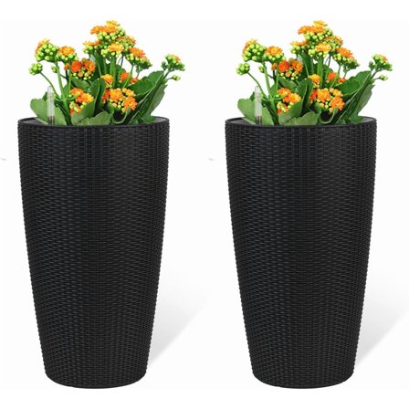 Efoee Set of 2 Faux Rattan Tall Planters Outdoor Indoor Large Planters with Water Level Monitor Inner Bucket, Automatic Watering, Flower Plant Pots for Garden, Patio, Porch, Backyard,Black,22 inch