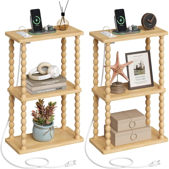 Efoee Side Table with Charging Station, Small End Tables Living Room with USB Port and Outlet, 3-Tier Narrow Bedside Table Nightstands for Bedroom