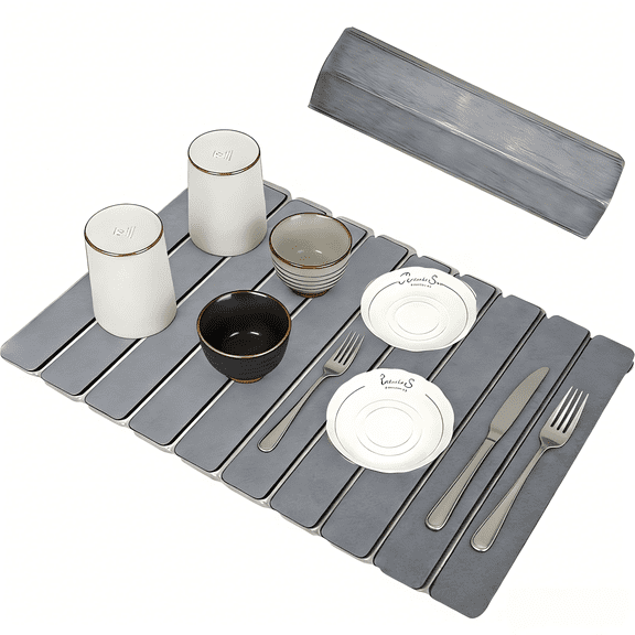 Efoee Stone Dish Drying Mat for Kitchen Counter, Foldable Water Absorbing Diatomaceous Earth Drying Mat for Counter top,Bottles,Utensils,Cups,Dark Gray