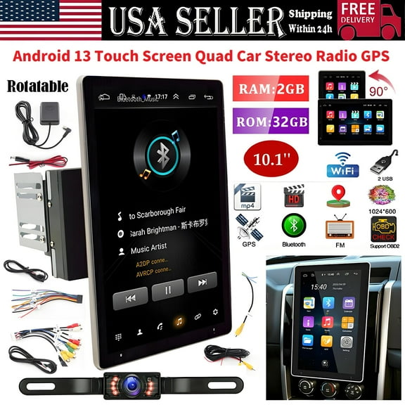 Eforcase 10 inch Universal Manual Rotation Car Radio Stereo with Android13/WiFi/Wireless CarPlay/Android Auto, Bluetooth GPS Backup Camera Split Screen FM/AM