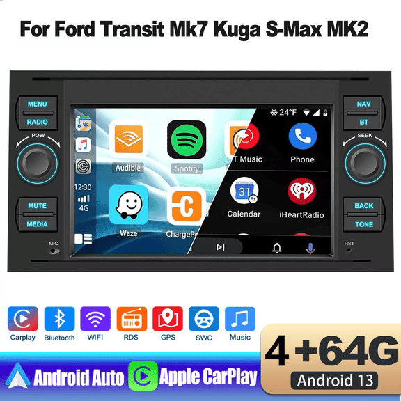 Eforcase 4+64G Android 13 Car Stereo Radio for Ford Transit Mk7 with Wireless CarPlay Android Auto Bluetooth WiFi FM RDS Head Unit