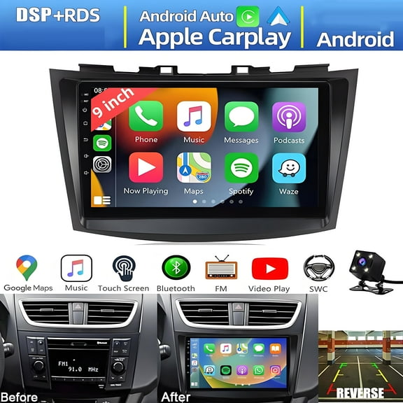 Eforcase [4+64G] Android 14 Car Stereo Radio for Suzuki Swift 2010-2016 with Apple Carplay Android Auto,9inch Car Play Screen with Mirror Link Bluetooth FM/RDS WiFi GPS Navigation SWC