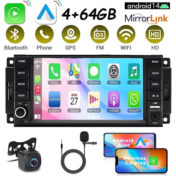 Eforcase 4+64G Car Radio for Chrysler for Dodge for Jeep, Car Stereo Built-in Carplay Android Auto,GPS Navigation, Bluetooth with Back-up Camera
