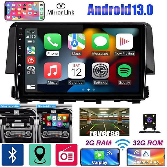 Eforcase 4+64G Car Radio for Honda Civic 2016-2020 9" Touch Screen in Dash GPS Radio with Carplay Android Auto, WiFi Bluetooth FM RDS HiFi EQ SWC Navi