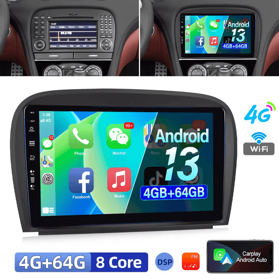 Eforcase 4+64GB for Benz SL R230 SL350 SL500 SL300 2005-2012 Car Stereo Radio, Carplay Android Auto Bluetooth FM 9" GPS Player