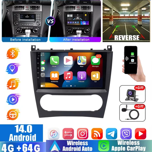Eforcase Car Radio for Mercedes Benz C Class W203 C200 C320 C350 CLK A209 C209 2003-2009, 9" Touch Screen Stereo, Carplay/Android Auto/Bluetooth/WiFi/SWC,4+64GB