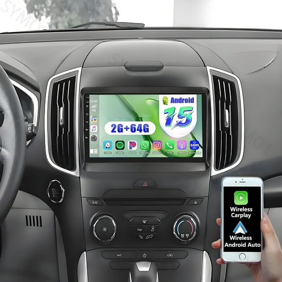 Eforcase Car Stereo Radio for Ford Edge 2015-2018 with Wireless Carplay and Android Auto, 9 Inch Android 15 Double Din GPS Navi Head Unit Bluetooth Mirror Link FM/RDS SWC with AHD Camera 2+64GB