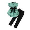 thumbnail image 1 of Efsteb 1-6 Years Kids 2 Piece Outfits Girls Ruffle Belted Short Sleeve Button Tops Long Pants Outfits Set (Green,5 Years), 1 of 9