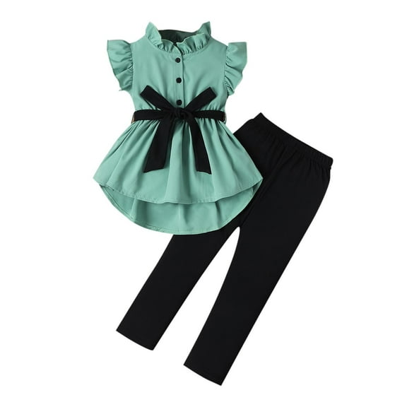 Efsteb 1-6 Years Kids 2 Piece Outfits Girls Ruffle Belted Short Sleeve Button Tops Long Pants Outfits Set (Green,5 Years)