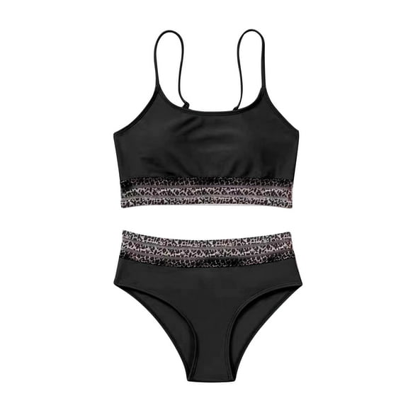 Efsteb 2 Piece Bikini Set for Women Suspender Leopard Print Split Suspender High Waisted Split Swimsuit Set (Black,L)