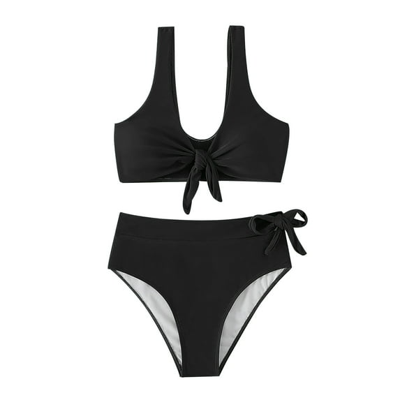 Efsteb 2 Piece High Waisted Bikini Set for Women Bandage V Neck Split Swimsuit Two Piece Bathing Suit (Black,L)