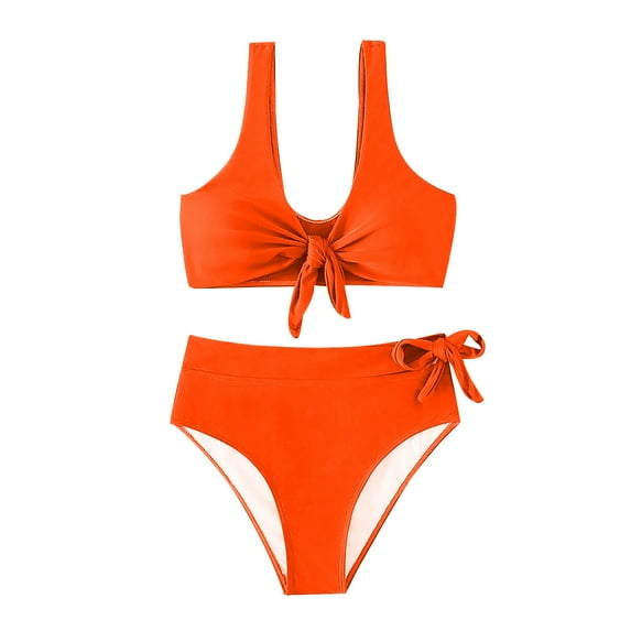 Efsteb 2 Piece High Waisted Bikini Set for Women Bandage V Neck Split Swimsuit Two Piece Bathing Suit (Orange,L)