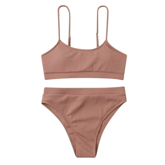 Efsteb 2 Piece High Waisted Bikini Set for Women Push-Up Padded Two Piece Bathing Suit Solid Color Split Swimsuit Swimwear (Brown,XL)