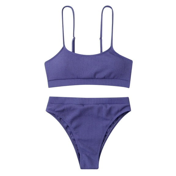 Efsteb 2 Piece High Waisted Bikini Set for Women Push-Up Padded Two Piece Bathing Suit Solid Color Split Swimsuit Swimwear (Dark Blue,XL)