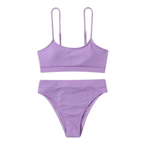 Efsteb 2 Piece High Waisted Bikini Set for Women Push-Up Padded Two Piece Bathing Suit Solid Color Split Swimsuit Swimwear (Purple,M)