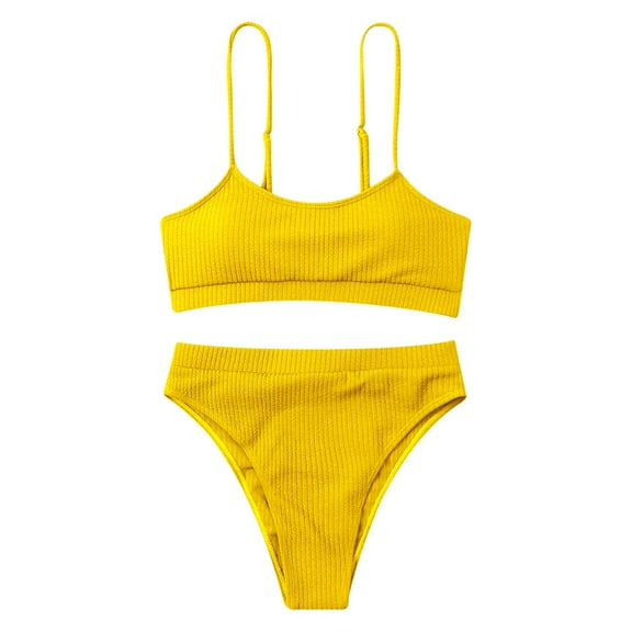 Efsteb 2 Piece High Waisted Bikini Set for Women Push-Up Padded Two Piece Bathing Suit Solid Color Split Swimsuit Swimwear (Yellow,S)