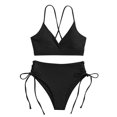 thumbnail image 1 of Efsteb 2 Piece High Waisted Bikini Set for Women V Neck Backless Strap Split Swimsuit Solid Color Drawstring Two Piece Bathing Suit (Black,XL), 1 of 5