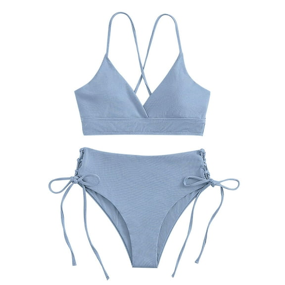 Efsteb 2 Piece High Waisted Bikini Set for Women V Neck Backless Strap Split Swimsuit Solid Color Drawstring Two Piece Bathing Suit (Sky Blue,S)