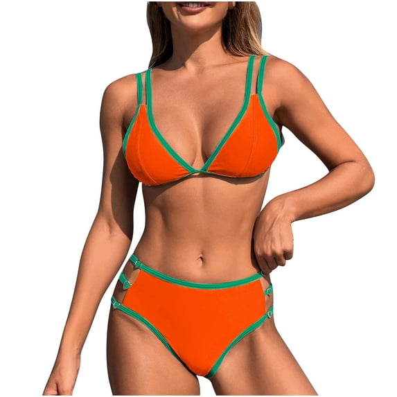 Efsteb 2 Piece High Waisted Bikini Set for Women V Neck Strap Split Swimsuit Beach Two Piece Bathing Suit (Orange,S)