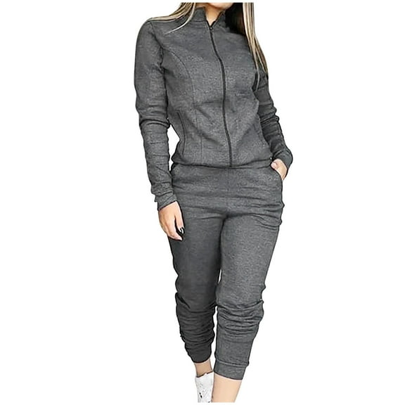 Efsteb 2 Piece Outfits For Women Long Sleeve Zipper Jacket Sweatsuits Casual Tracksuit Sets Workout Jogging Suits (Gray,M)