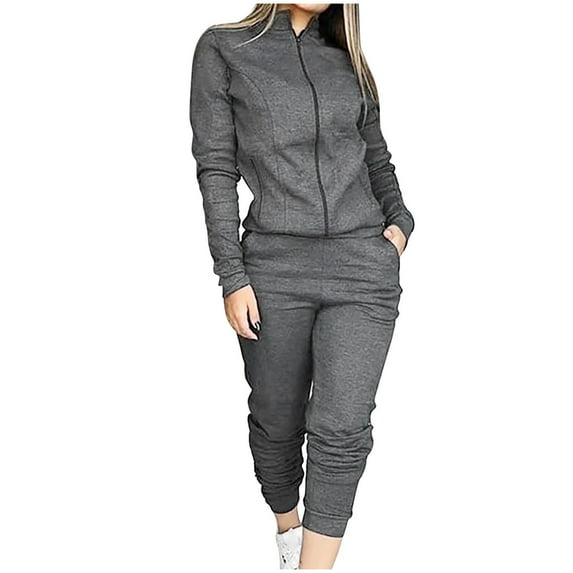 Efsteb 2 Piece Outfits For Women Long Sleeve Zipper Jacket Sweatsuits Casual Tracksuit Sets Workout Jogging Suits (Gray,XL)