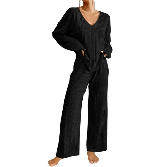 Efsteb 2 Piece Outfits For Women Solid Color Knitted Lounge Sets V Neck Long Sleeve Pullover Tops Wide Leg Pants Lounge Sweatsuit Sets (Black,M)