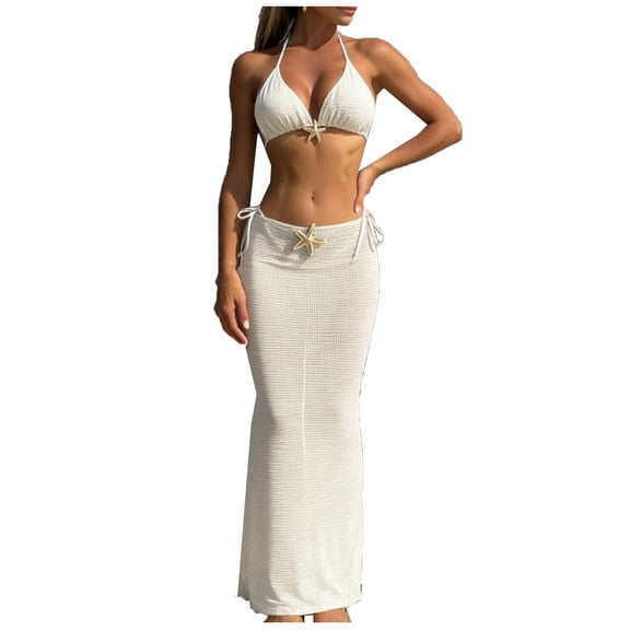 Efsteb 2 Piece Swimsuit for Women Swimwear Beachwear Low Waisted Bathing Suit Bikini Solid Color Surfing (Beige,S)