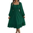 thumbnail image 1 of Efsteb 2025 Dresses for Women Trendy Fall Long Lantern Sleeve Square Neck Elastic Waist Ruffle Swing Dresses (Green,S), 1 of 7