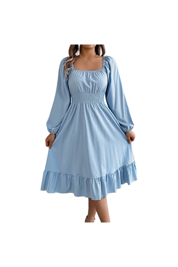 2025 Dresses for Women Trendy Fall Long Lantern Sleeve Square Neck Elastic Waist Ruffle Swing Dresses (Light Blue,S)