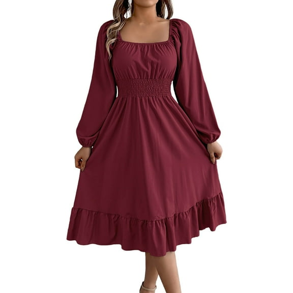 Efsteb 2025 Dresses for Women Trendy Fall Long Lantern Sleeve Square Neck Elastic Waist Ruffle Swing Dresses (Wine,L)