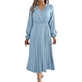 thumbnail image 1 of Efsteb 2025 Dresses for Women Trendy Fall Solid Color Long Sleeve Dress Lace V-Neck Cinched Waist Pleated Maxi Dress (Light Blue,L), 1 of 6