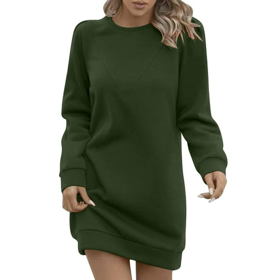 Efsteb 2025 Dresses for Women Trendy Fall Sweatshirt Dresses Plus Size Crew Neck Sweatshirt Dress Long Sleeve Mini Dress (Army Green_Z,M)