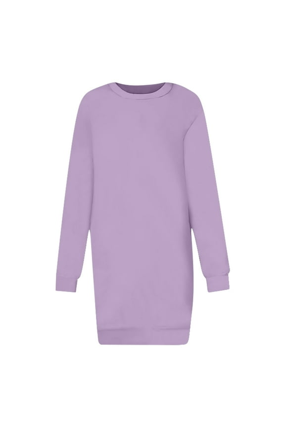 2025 Dresses for Women Trendy Fall Sweatshirt Dresses Plus Size Crew Neck Sweatshirt Dress Long Sleeve Mini Dress (Purple,L)
