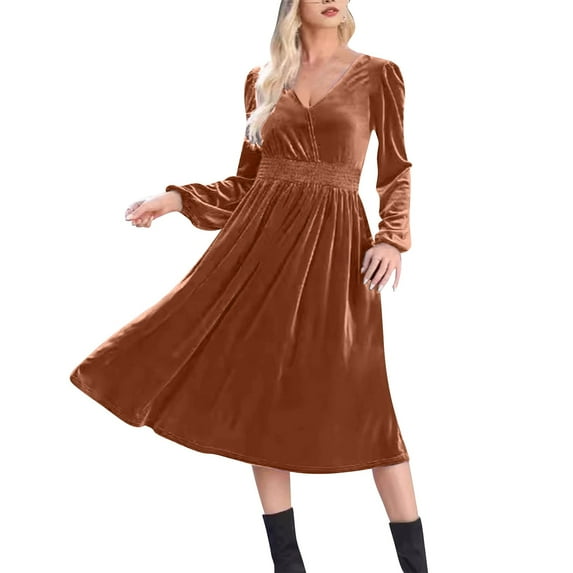 Efsteb 2025 Dresses for Women Trendy Hight Waist Pleated Velvet Dress Long Sleeve V Neck Cocktail Dress Mini Prom Dress For Wedding Guest (Coffee,L)