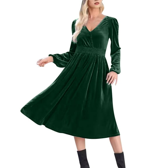 Efsteb 2025 Dresses for Women Trendy Hight Waist Pleated Velvet Dress Long Sleeve V Neck Cocktail Dress Mini Prom Dress For Wedding Guest (Green,M)