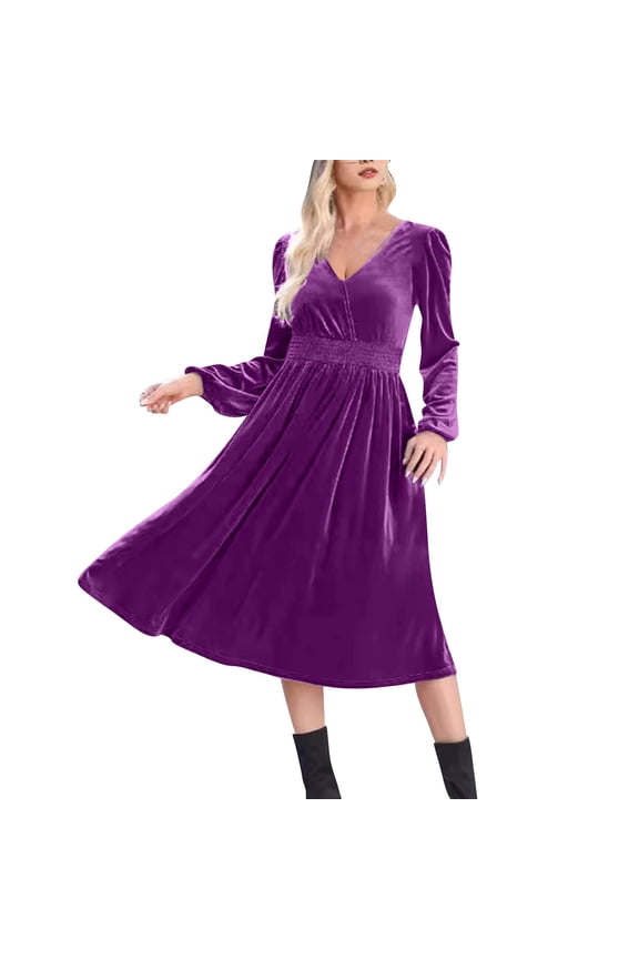 2025 Dresses for Women Trendy Hight Waist Pleated Velvet Dress Long Sleeve V Neck Cocktail Dress Mini Prom Dress For Wedding Guest (Purple,L)