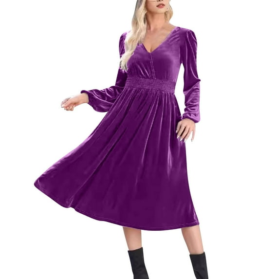 Efsteb 2025 Dresses for Women Trendy Hight Waist Pleated Velvet Dress Long Sleeve V Neck Cocktail Dress Mini Prom Dress For Wedding Guest (Purple,S)