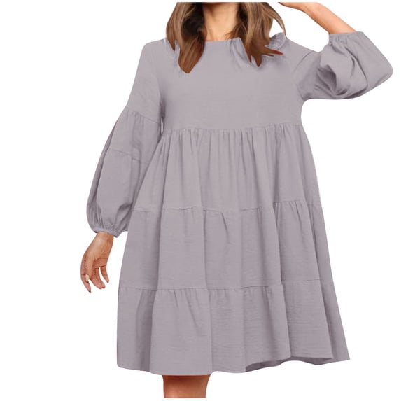 Efsteb 2025 Dresses for Women Trendy Long Sleeve Crewneck Mini Dress Cute Lantern Sleeve Loose A Line Tiered Dress (Gray,XXL)