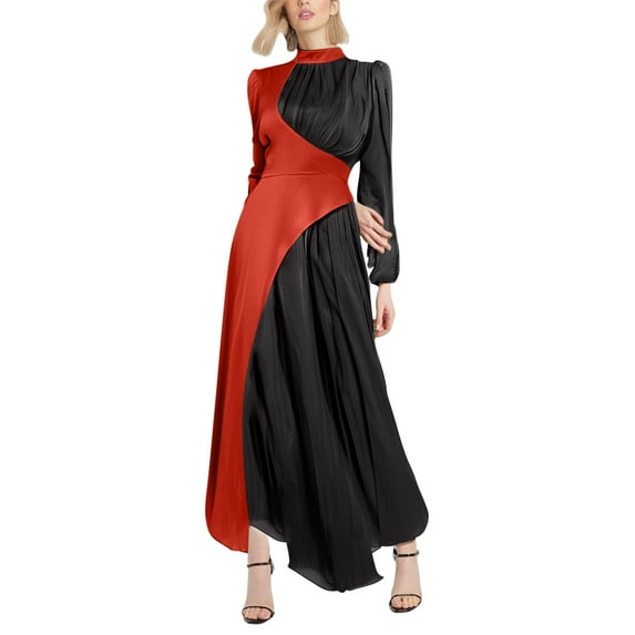 Efsteb 2025 Fall Fashion Dress for Women Elegant Long Sleeve Color Block Maxi Dress Mock Neck Pleated Wedding Guest Maxi Dresses (Black,XL)