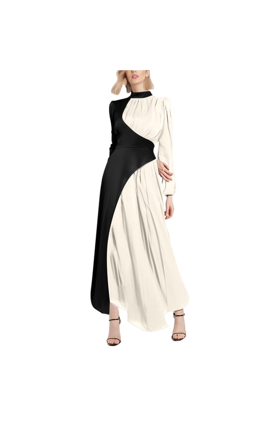 2025 Fall Fashion Dress for Women Elegant Long Sleeve Color Block Maxi Dress Mock Neck Pleated Wedding Guest Maxi Dresses (White,L)
