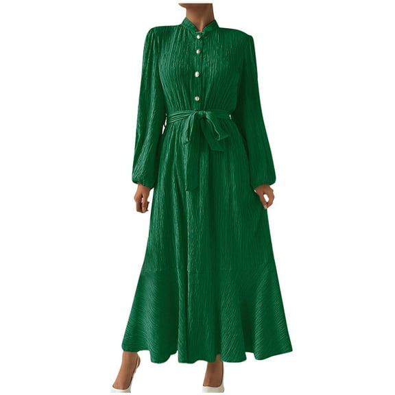 Efsteb 2025 Fall Fashion Women Dresses Long Sleeve Button Belted Flowy Ruffle Maxi Dress Ladies Casual Work Elegant Long Dress (Army Green,M)