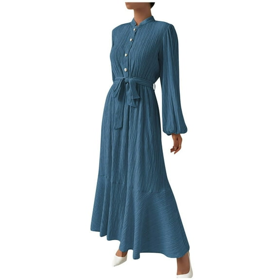Efsteb 2025 Fall Fashion Women Dresses Long Sleeve Button Belted Flowy Ruffle Maxi Dress Ladies Casual Work Elegant Long Dress (Blue,XL)