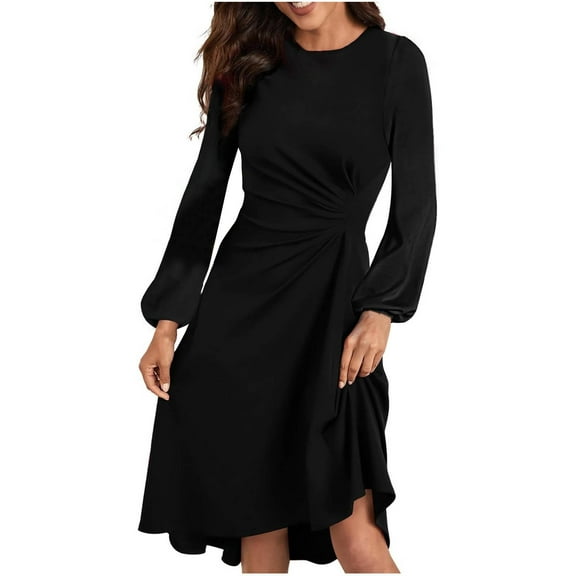 Efsteb 2025 Fall Fashion Women Dresses Round Neck Formal dress Long Sleeve Ruched Waist Flowy A Line High Low Midi Cocktail Party Dress (Black,XXL)