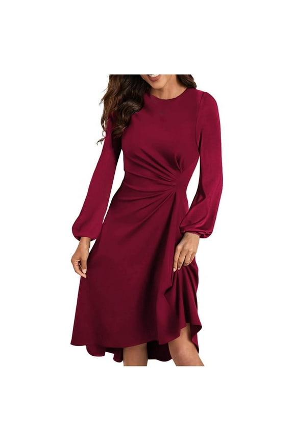 2025 Fall Fashion Women Dresses Round Neck Formal dress Long Sleeve Ruched Waist Flowy A Line High Low Midi Cocktail Party Dress (Wine,L)